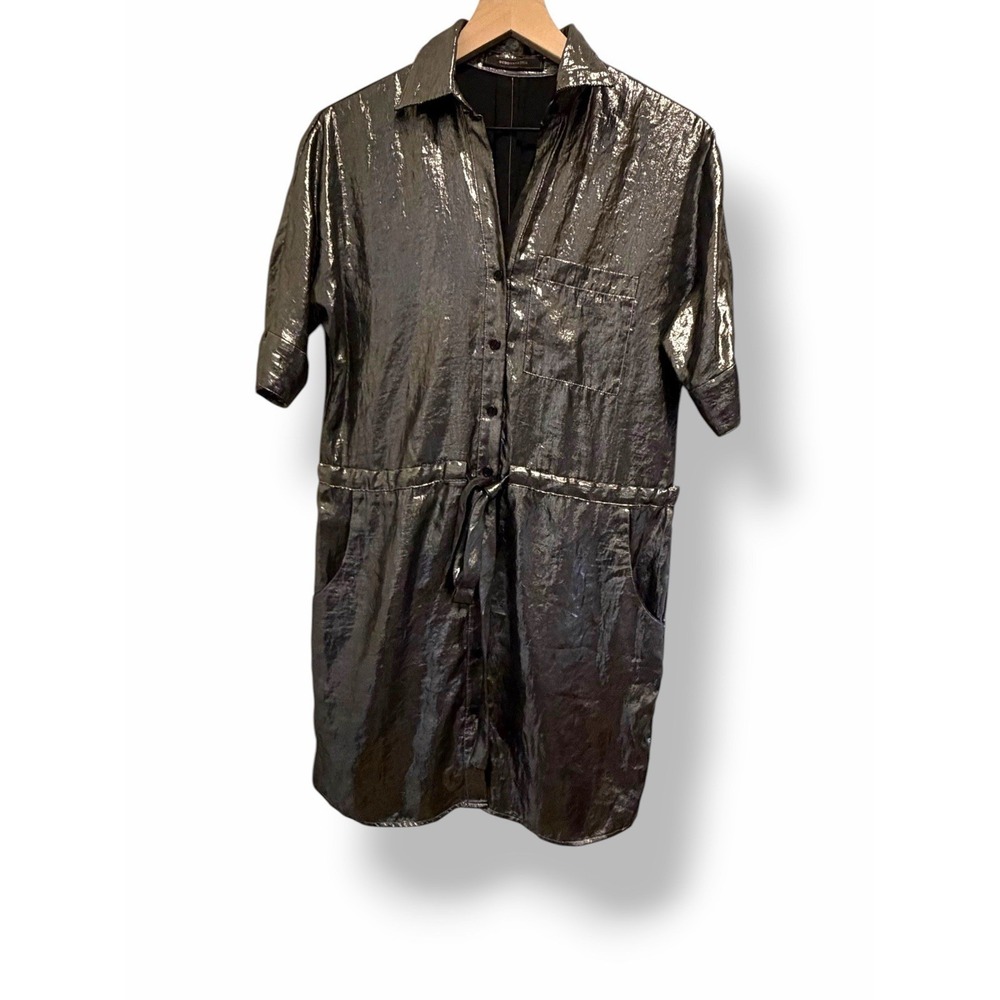 BCBGMAXAZRIA Gunmetal Metallic Shirt Dress XS Tie Waist Button Front Pocket Mini